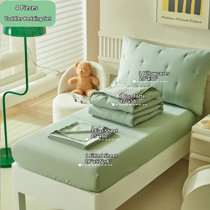 DuShow Green 4 Piece Toddler Bedding Set for Boys Girls,Embroidery Microfiber Crib Bed Sheets Set Soft Boho Comforter Set Bed in a Bag,Include Quilted Comforter,Flat Sheet,Fitted Sheet,Pillowcase - Image 3